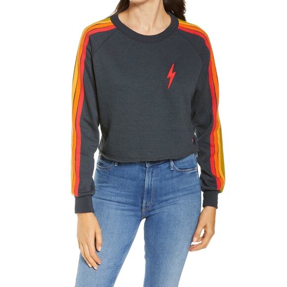 Aviator Nation Bolt Embroidery Crop Sweatshirt Charcoal/Rainbow Size XS - Picture 1 of 9